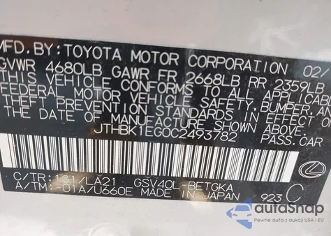 2012 Lexus Es 350 z USA, uszkodzony, nr VIN JTHBK1EG0C2493782